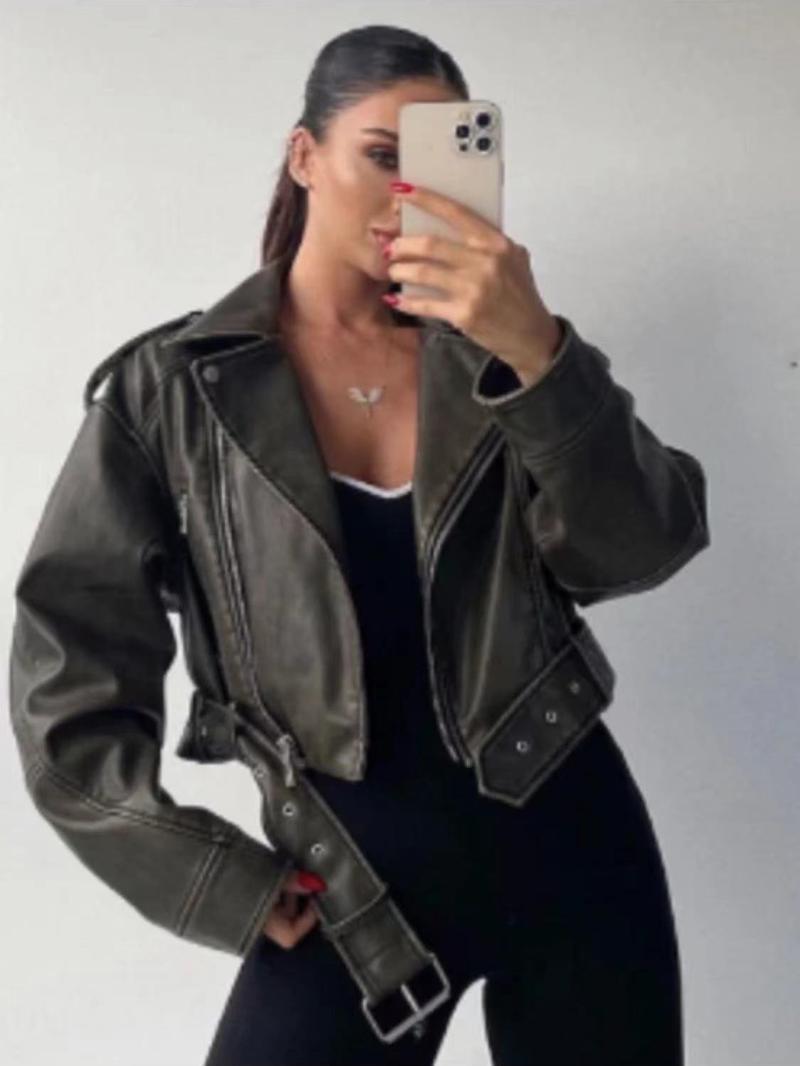 Product Introduction of NEW New Coal graysty le Women's washed leather jacket with belt, short coat with downgraded zipper and vintage lapel jacket HOT 21