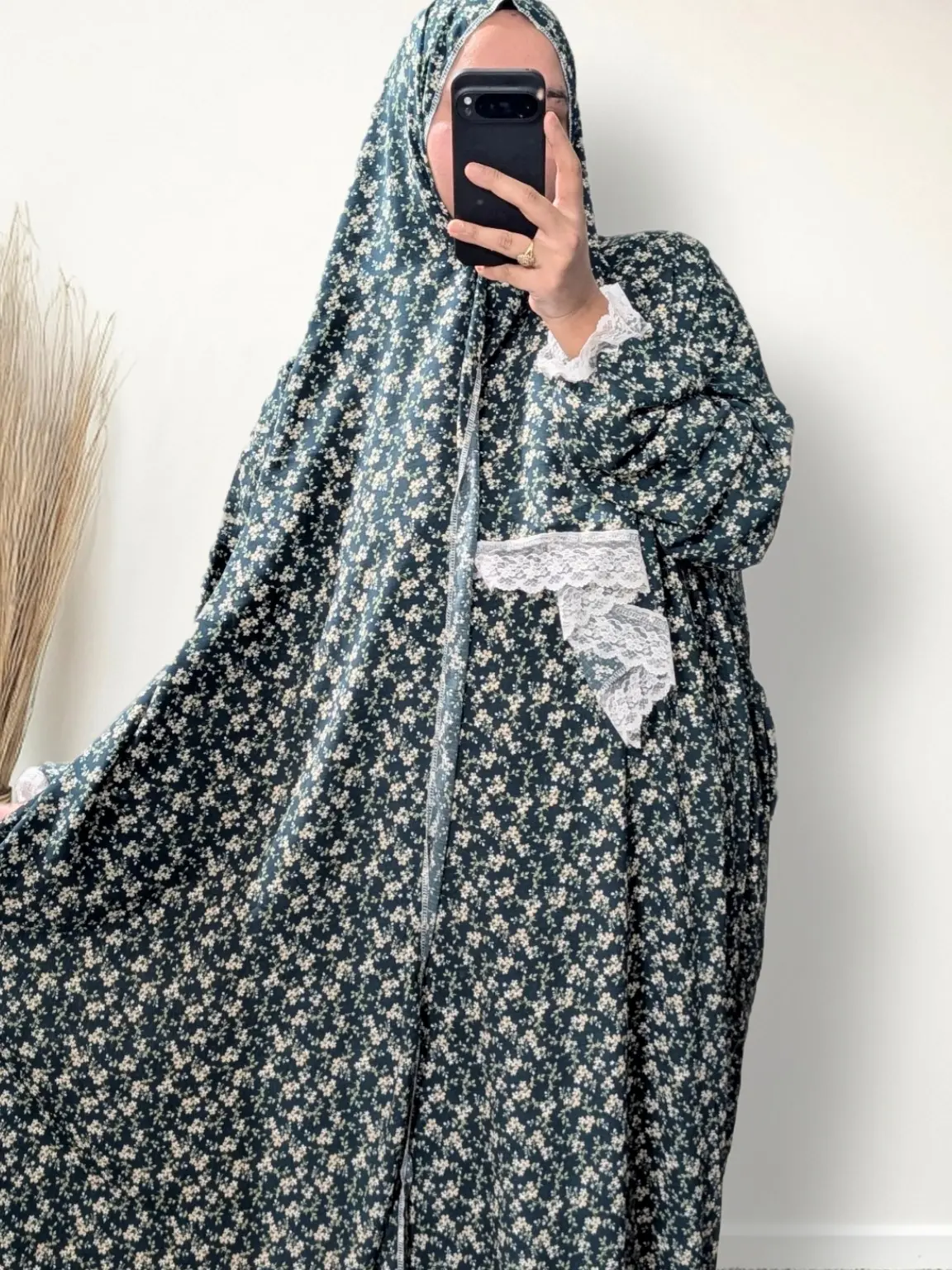 Bottle Green Floral Prayer Abaya with Pockets, Custom Attached Scarf & Tailored Length Option - Ookti Handmade Modest Muslim Women Clothing