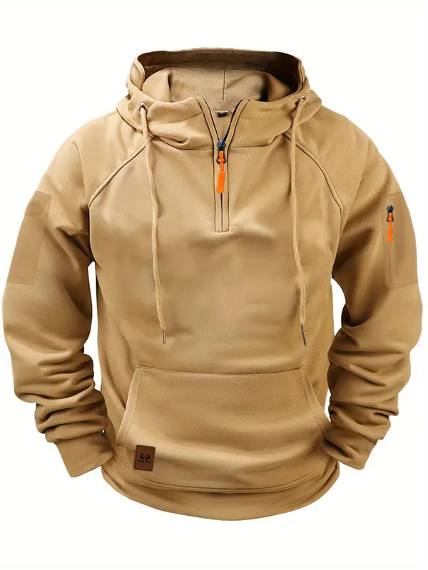 Men's Hooded Henley Shirt with Multiple Pockets, Casual Sports Pullover for Autumn/Winter, Polyester Knit Athletic Top 1