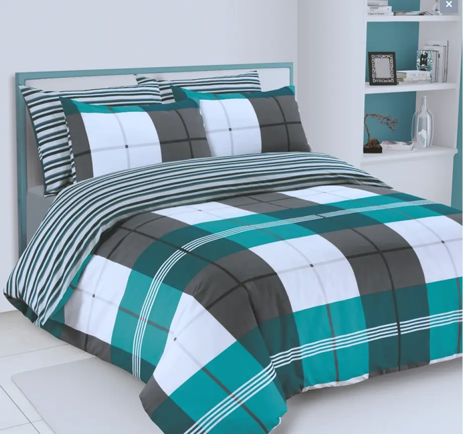 MULTI TEAL HARRISON CHECK REVERSIBLE STRIPE DUVET COVER SET IN DOUBLE OR KING SIZE