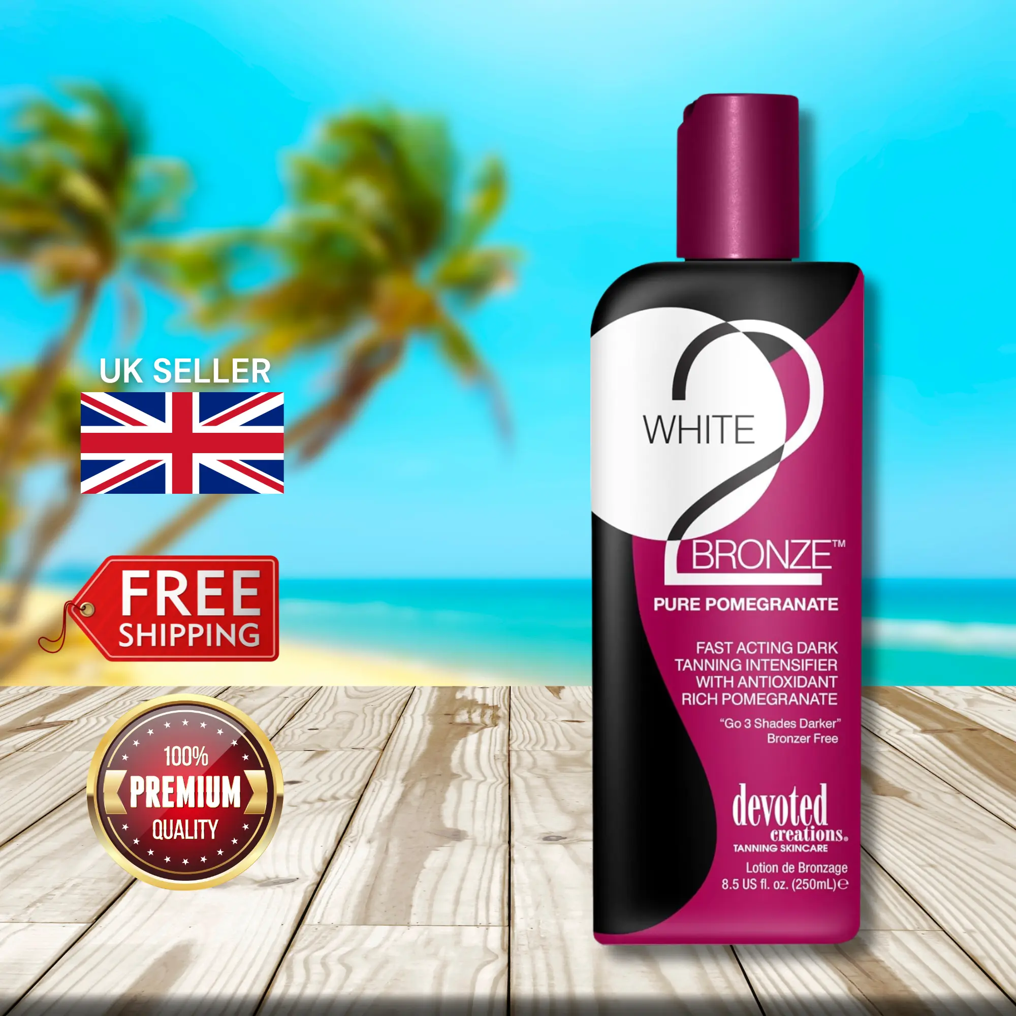 Devoted Creations White 2 Bronze Pomegranate Sunbed Tanning Lotion (250ml) - Achieve a Gorgeous Golden Tan with Exquisite Pomegranate Extracts - Accelerate and Enhance Your Tanning Experience