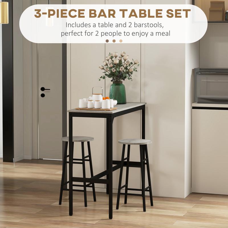 3 Piece Bar Table Set with 2 Stools, Industrial Bar Table and Stool Set, Dining Table and Chair Set for Small Space, Grey 3