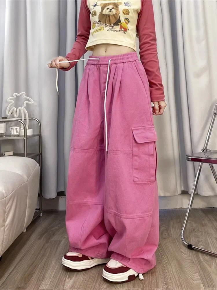Product Introduction of 2024 Korean Y2K Fashion Drawstring Casual Baggy Cargo Jeans Pants Women Clothing Straight Wide Leg Sweatpants Female Trousers 11