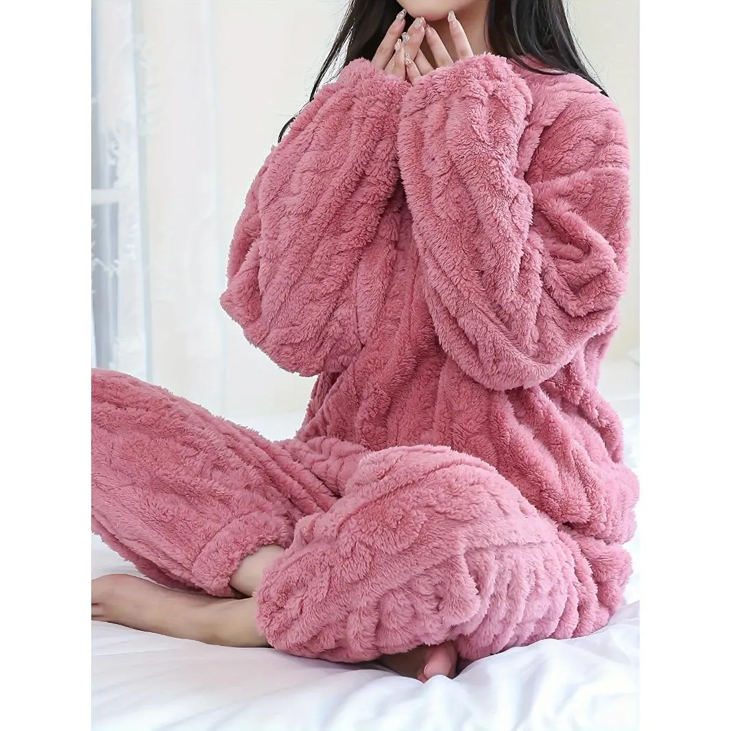 Women'S Cozy Plush Pajama Set - 100% Polyester Long Sleeve Crew Neck Loungewear with Solid Color Pullover Top and Long Pants for Fall/Winter Nightwear Womenswear