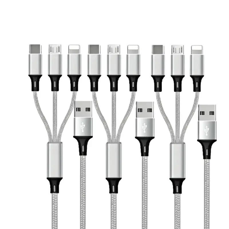 3 in 1 Charging Cable Pack of 3 for Mobile and Electronic Devices - Silver, Fast Charging, 1.2m Length - Cellphone, Smartphone Charger 0