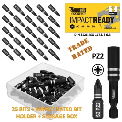 SabreCut PZ2 Impact Drill Driver Screwdriver 26pc Bits Set with Magnetic Bit Holder - Durable Tools 1