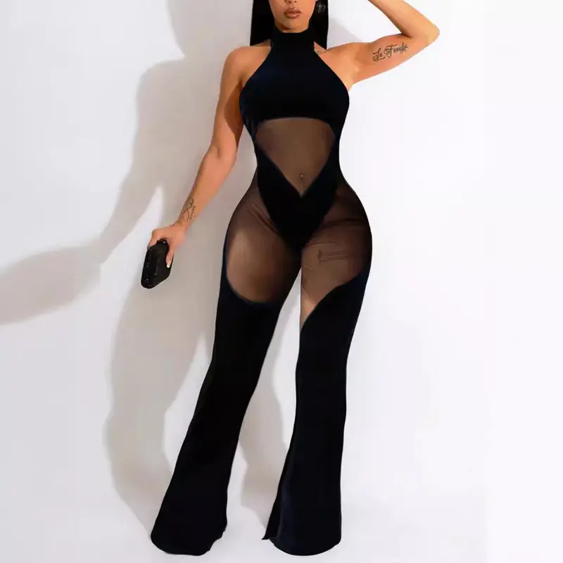 Women&#039;s New Hanging Neck Sexy Stitching Solid Color Sleeveless Mesh Stitching Casual Jumpsuit 0