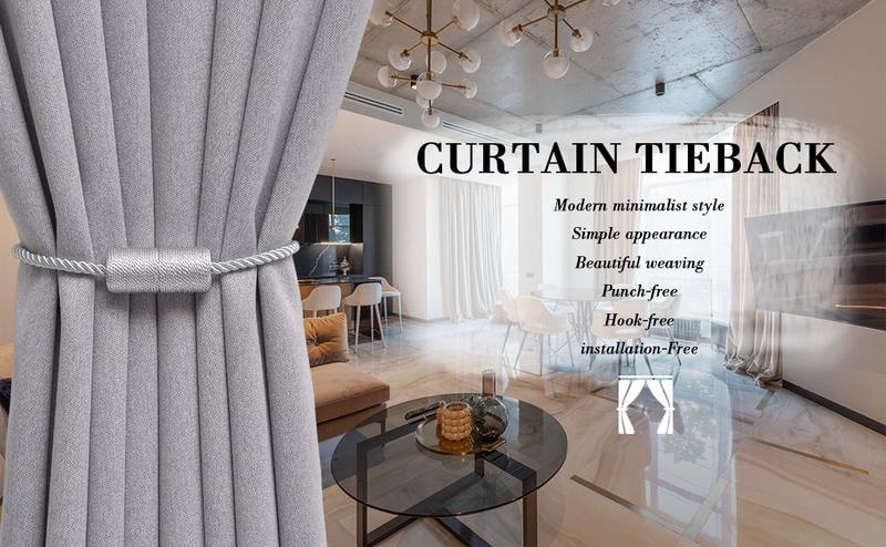 Product Introduction of Pretty Jolly 2 Pack Magnetic Curtain Tiebacks 16 Inch Handmade Weave Side Rope Curtain Holdbacks Convenient Decorative Cylinder Curtain Drape Tie Backs for Home & Office Window Drapery (Grey) 0