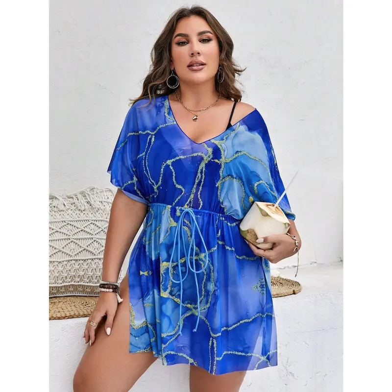 Swim Lushoire Summer Beach Plus Marble Print Batwing Sleeve Knot Front Split Hem Cover Up Dress Blue Casual 4