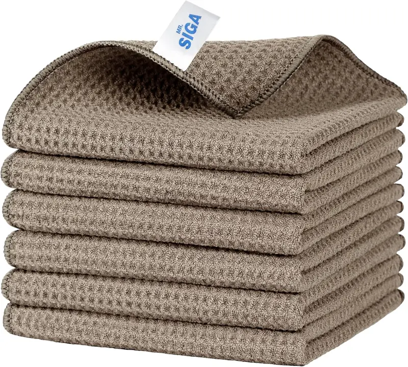 Waffle Pattern Cleaning Cloths, Reusable Absorbent Microfiber Cleaning Towels, Ultra Soft Microfiber Kitchen Cleaning Rags, 6 Pack, Sandy Brown, 12.6 x 12.6 inch 0
