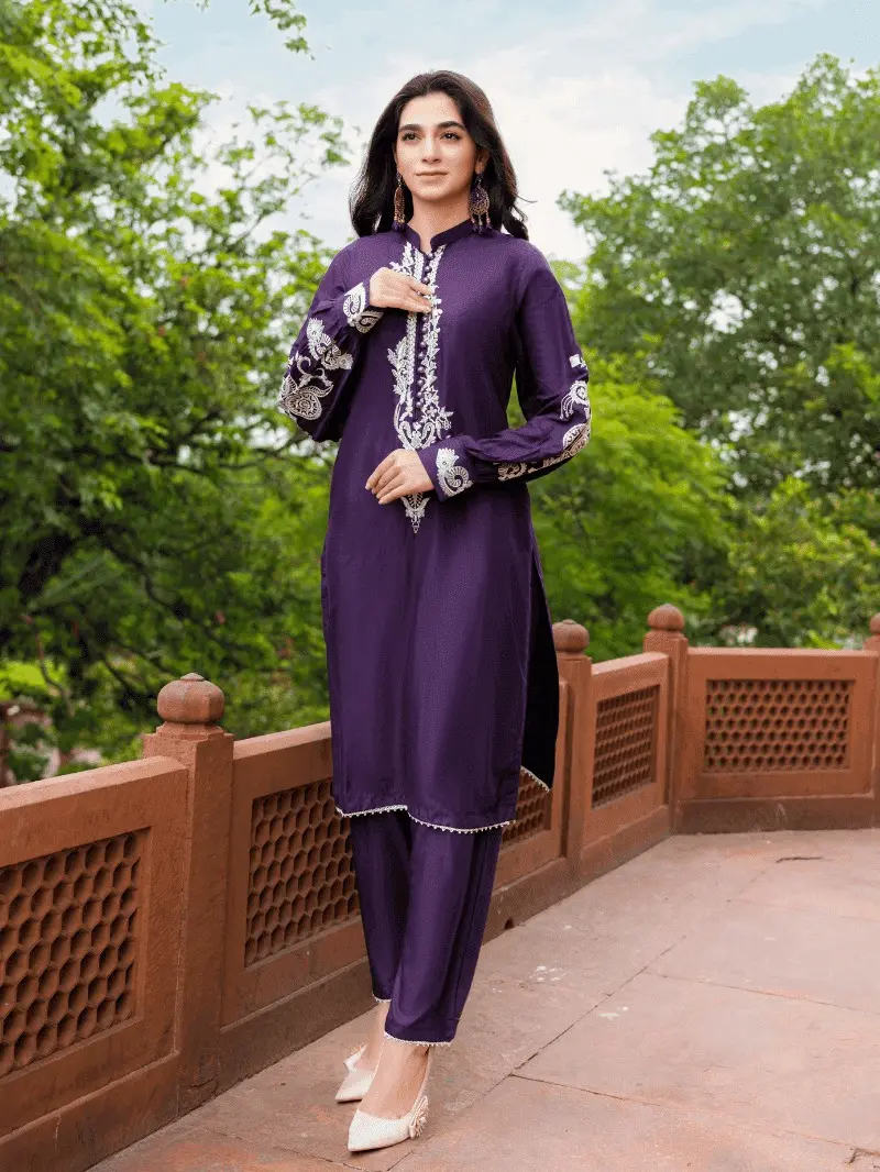 Haneen Collection By Momina Designer | PD-440-11 | - 2 Piece Stone Linen Embroidered Kurti With Trouser For Women Dress Traditional Womenswear Clothing