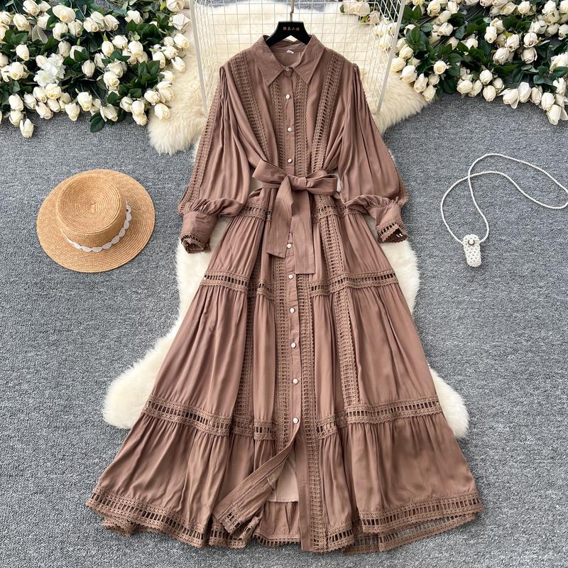 Boutique Wholesale 2024 Autumn New Fashionable Retro Hollow Lace Splicing Waist Slimming Single Breasted Women's Dress 5