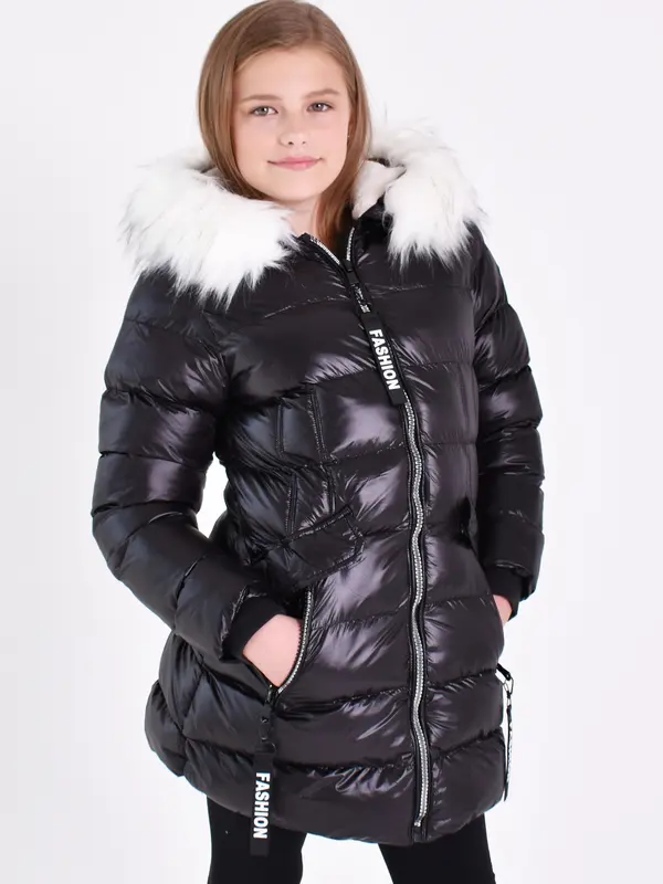 Charcoal Fashion Girl's Shiny Water Resistant Faux Fur Lined Quilted Midi Puffer Coat. Keep Warm, Outdoors,  Hood fur, Back to School 6