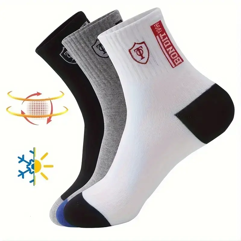 Autumn and Winter 5 Pairs of Men's Trendy Breathable Crew Socks, Comfortable Casual Soft Thermal Socks, Winter & Autumn Cotton Fabric Menswear Knit Polyester