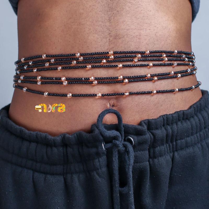 Black Waist Beads with Gold Crystals - Amina, Tie-On - 30 to 60 Inches 2