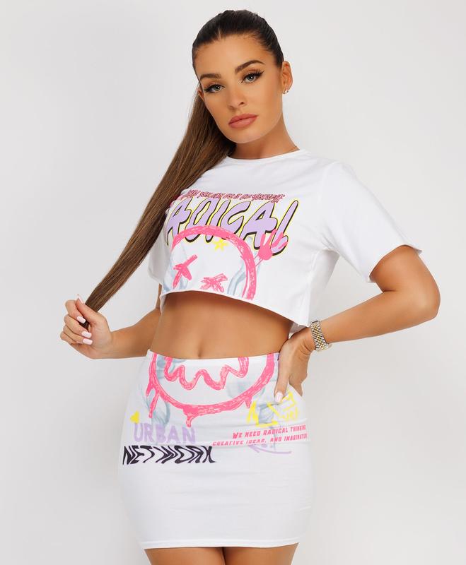 Lexi Fashion Womens Neon Pink Radical Print Graphic Crop Top And Mini Bodycon Skirt Festival Rave Outfit 2 Pcs Co Ord Set UK Size Short Womenswear Comfortable 7