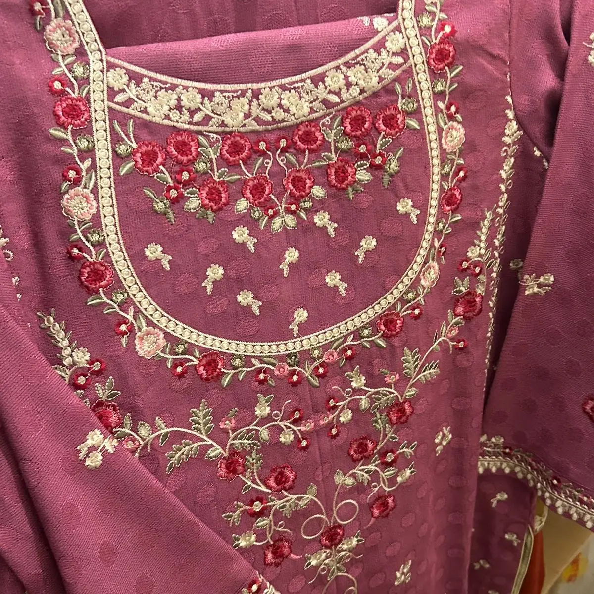 Luxe 3Pc Embroidered Dhanak Burgundy Suit