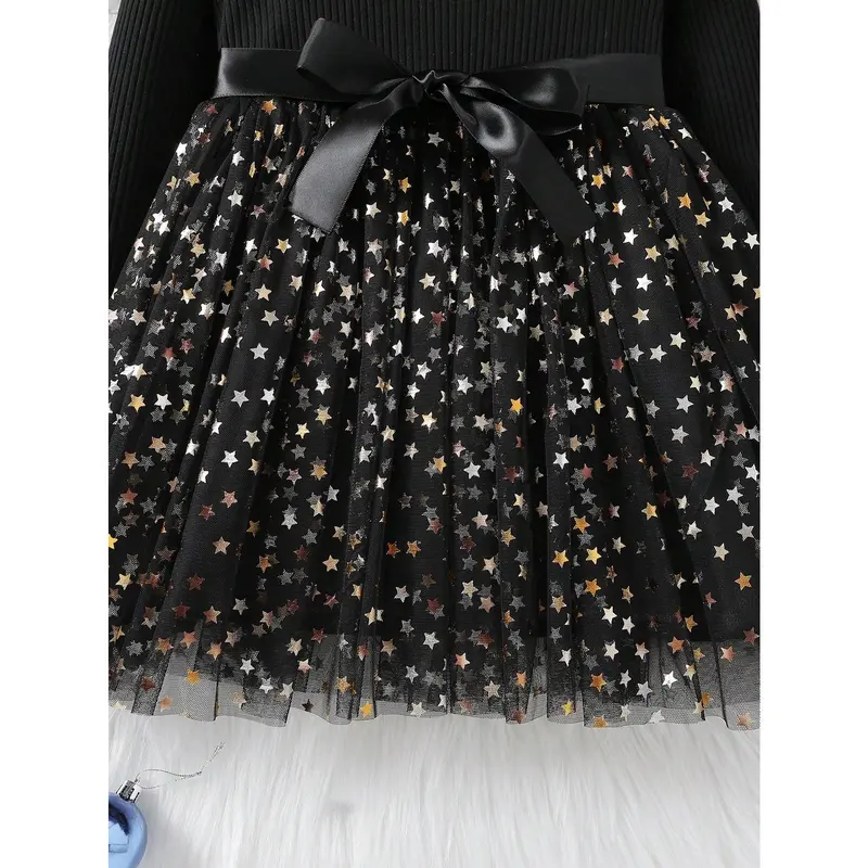 Young Girl Ruffle Trim Contrast Star Mesh Hem Belted Dress 6
