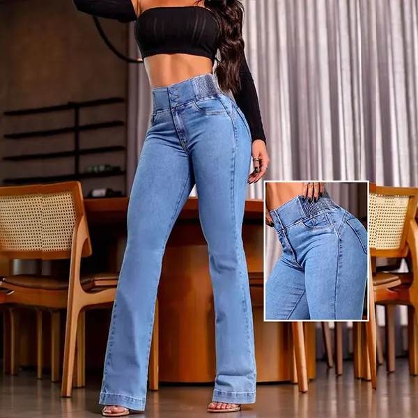 ChicMe Women's  CurveEase Back Shirred Button Front High Waist Jeans Skinny Flared Denim Jeggings