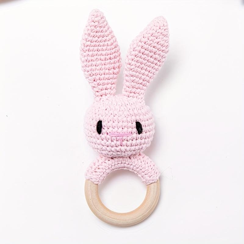 Crochet Rabbit Baby Rattle, Cute Rabbit Grasping Toys, Baby Gnawable Wooden Hand Rattle, Hand Rattle Toy Gift Box, White Pink Blue Brown, with Christmas & Easter Gift 2