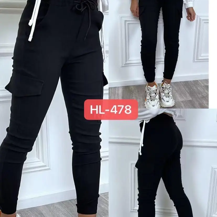 Ladies Womens black cargo stretch trousers pants with pockets