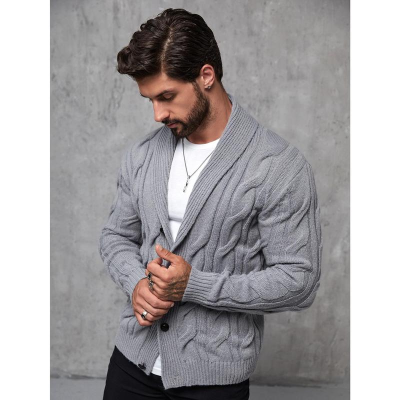 Manfinity RivetRise Men Shawl Collar Cable Knit Cardigan Chunky Plain Light Grey Urban Fashion Husband 1