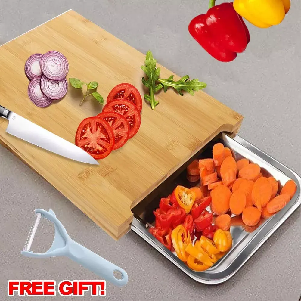 Bamboo Wooden Chopping Board with Sliding Stainless Steel Tray for Kitchen Functionality - Knives