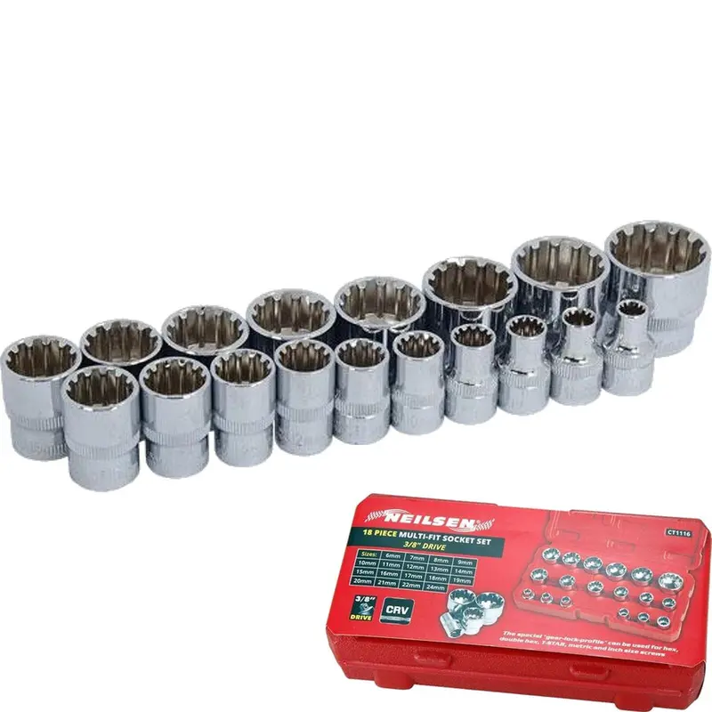 Neilsen Metric Multi Drive Sockets 6mm - 24mm Socket Set In Bmc 18pc 3/8" 0