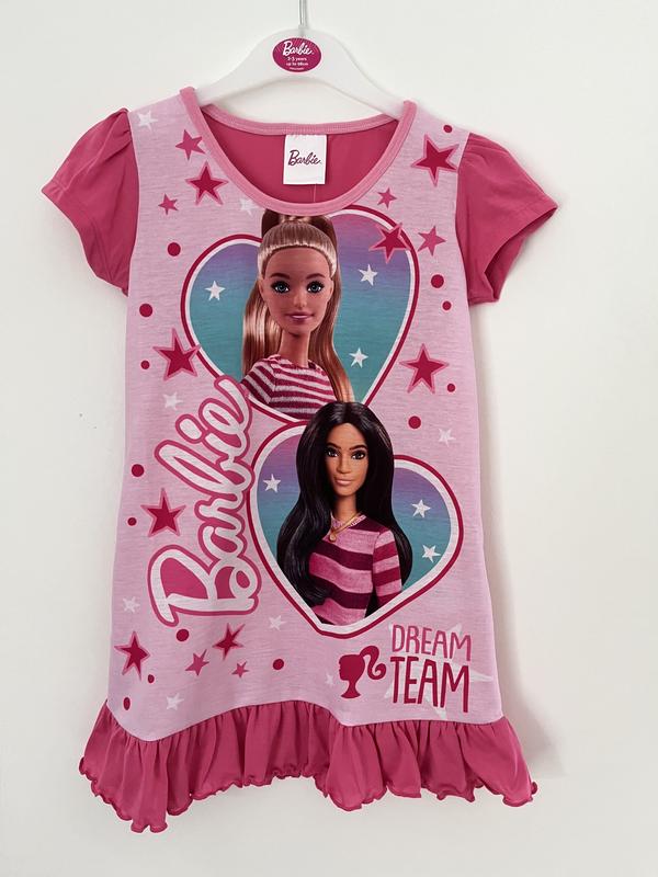 Barbie Doll Nightdress Nighty Girls Nightie Nightwear Pyjamas Pjs Nightwear Sleepwear Kids Toddler Childrens Character Pink Short Sleeve Night Dress Hearts Frill 5