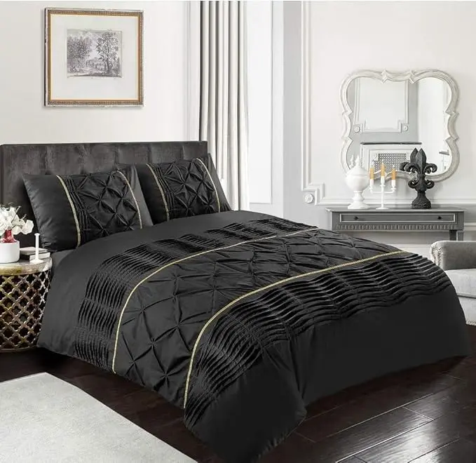 Duvet Cover Set Eleanor Pintuck Stripes Luxury Quilt Cover Sets Soft Poly Cotton Easy Care Bedding Set (White, Double)