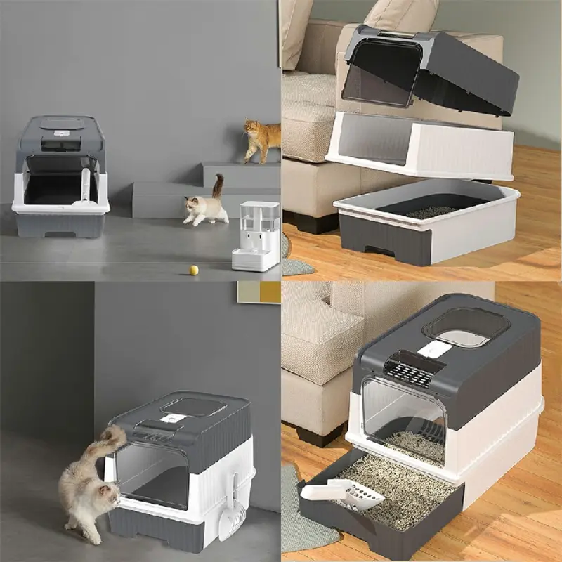 Large Cat Litter Box Anti-Splashing Cat Potty Tray Self Cleaning Pan Drawer - Grey 2