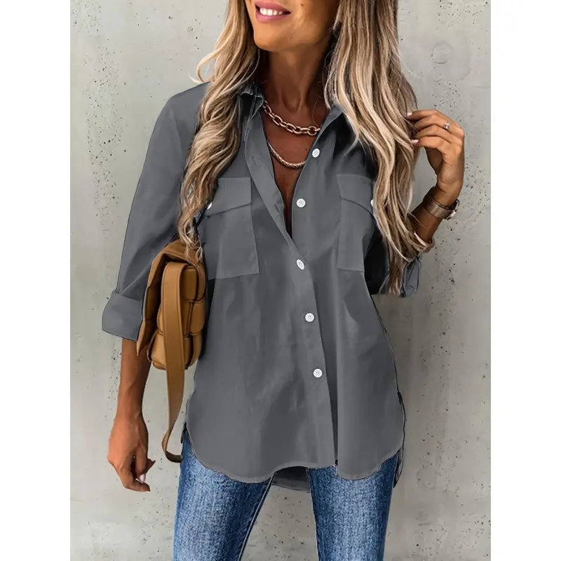 Button Front Long Sleeve Shirt, Casual Solid Office Shirt With Collar, Women's Clothing 1