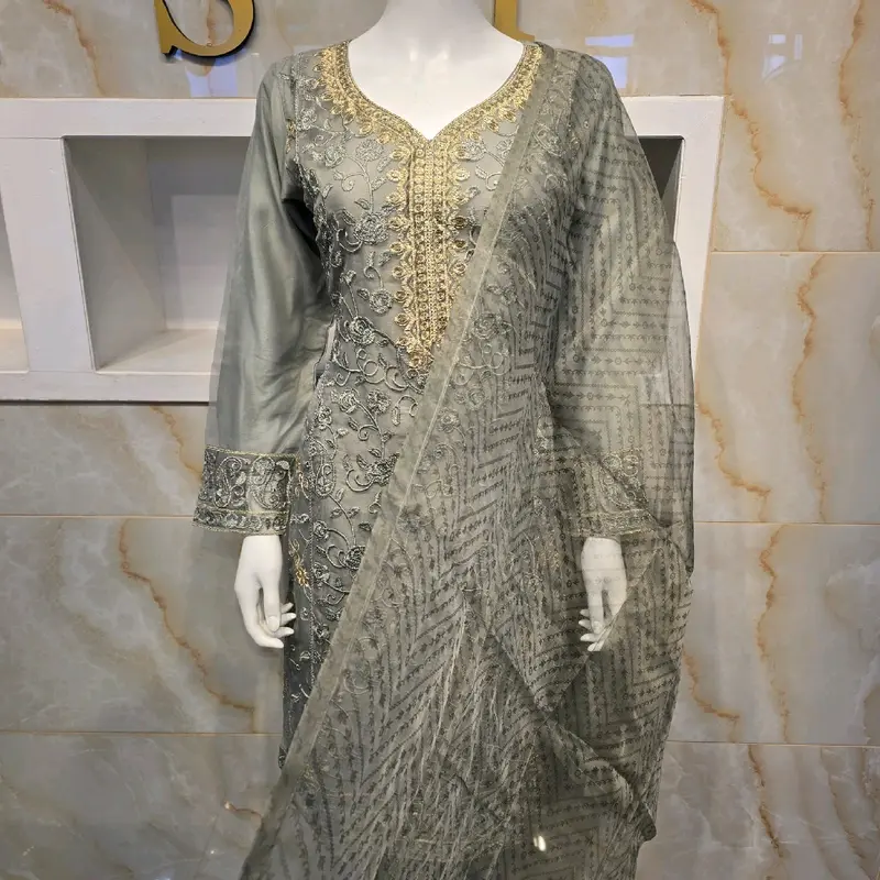 Women's Organza and Lilon Fabric Embroidered Shalwar Kameez 3-Piece Suite with Gold Thread Neck Design - Casual, Womenswear Sizes chest size S36 M 38 L 41 Xl 43 1