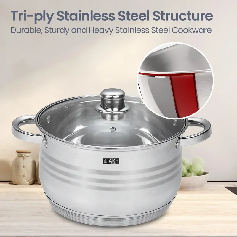 AKH HOUSEWARE Stock Pot Casserole Dish Cooking Pot with Lid Set of 5-20/22/24/26/28cm Large Heavy Duty Stainless Steel Stockpot with Lid & Silver Mirror Coated Cookware Set (Set of 5) 2