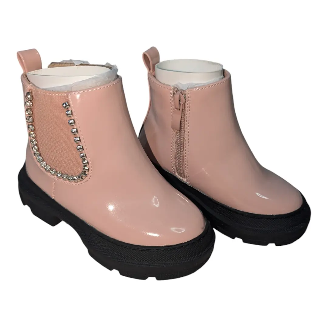 Girls Pink Chunky Diamonte Patent Boots