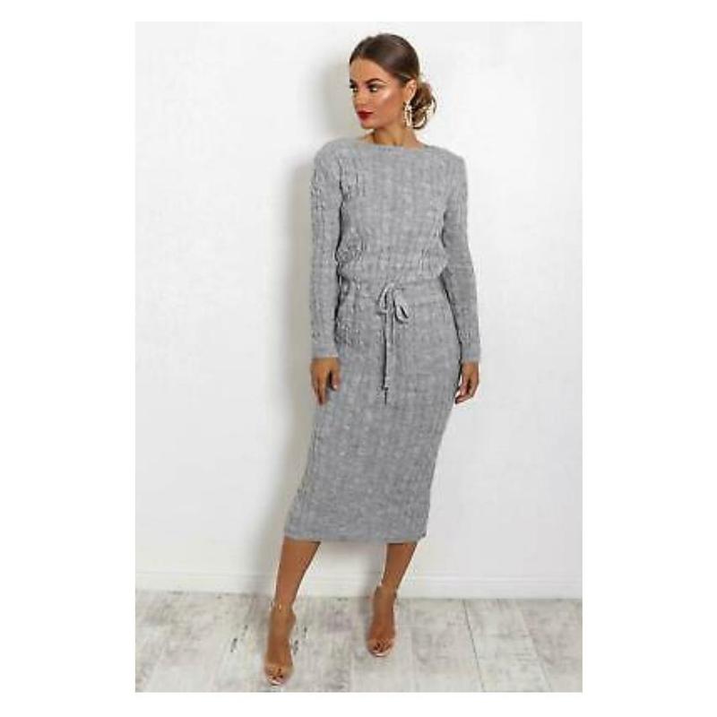 Ladies Cable Knitted Pocket Tie up Long Midi Dress with Belt - Clothing Knitwear Womenswear 3