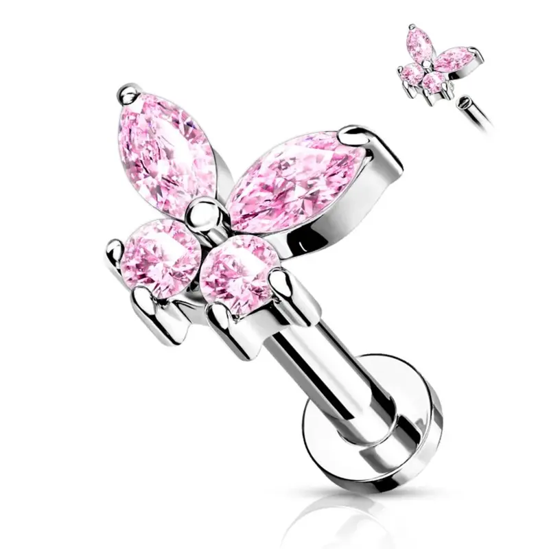 CRYSTAL BUTTERFLY FLAT BACK LABRET STUD 6