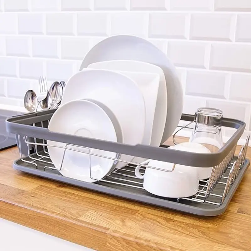 Kitchen Dish Drainer Rack with Plastic Drip Tray Cutlery Holder Kitchen Dish Drainer Rack/Separate Cutlery Holder/Removable Drip Tray Organiser 5