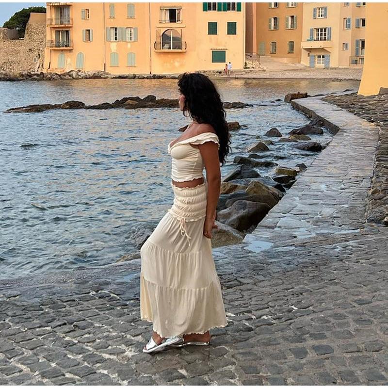 Ruffle Solid Women Sexy 2 Piece Set Outfit Crop Top Lady Skirt Sets Summer Fashion Vacation Sexy Pleated Beach Skirts Suit 2