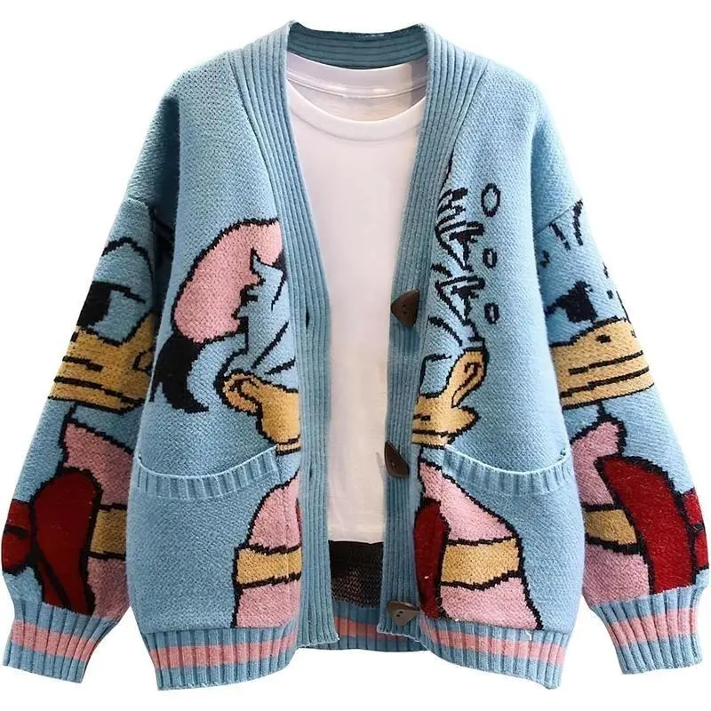Womens Cute Embroidery Cartoon Duck Cable Knit Cardigans Sweater Button Down Slouchy Wool Blend Coat 0
