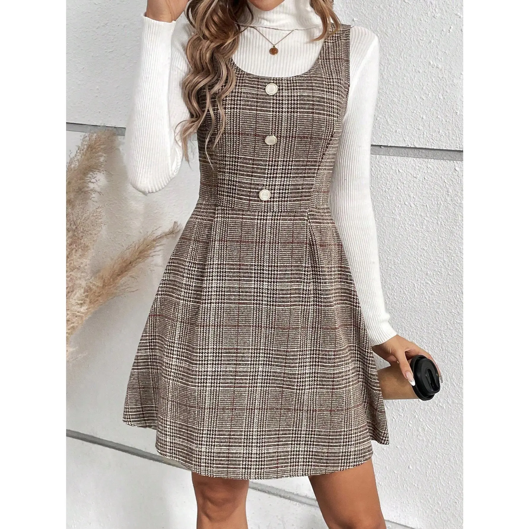 Relaxiva Women's Elegant Plaid Button Decorated Dress Casual Fabric
