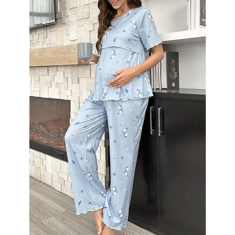 Underwear&Sleepwear Maternity Floral Pattern Nursing Short Sleeve Top And Long Pants Maternity Pajama Set 3