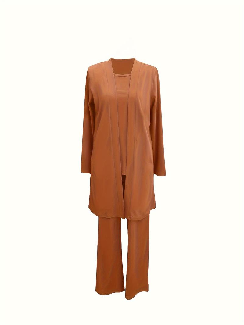 Product Introduction of Casual Three-piece Solid Set, Long Sleeve Cardigan & Top & Long Pants Outfits, Women's Clothing 3