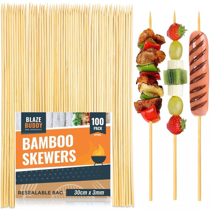 100 Bamboo Skewers BBQ 30cm 12" Kebab Fruit Chocolate Fondue Grill Wooden Stick Barbecue Utensils 6