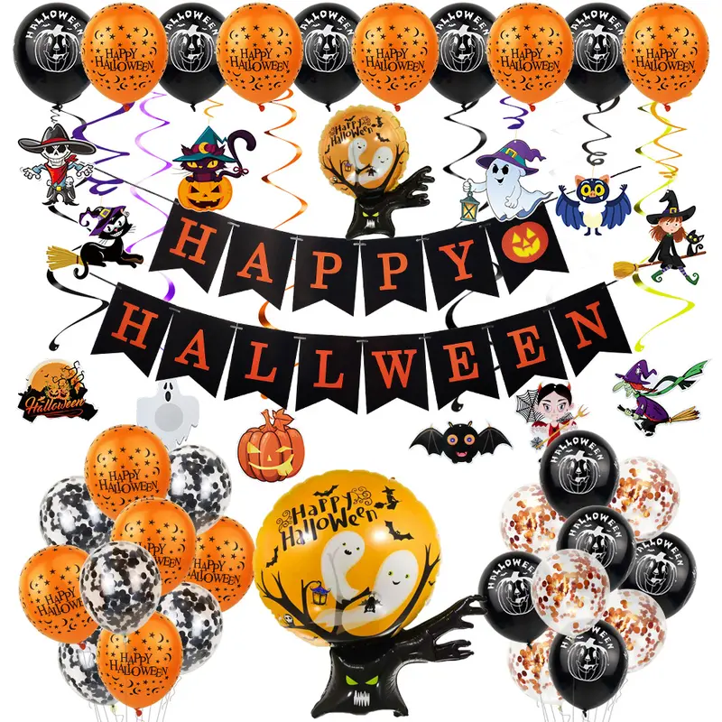 UK Seller Halloween Party Decorations Balloons Kids Party Balloon Pumpkin Bat Spider Spooky Decoration Banner Pack Set 4