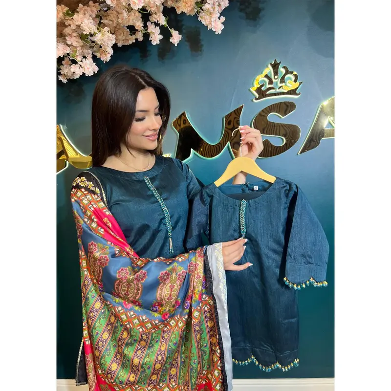 HK265 Zarora - Teal Readymade Raw Silk Mummy n Me Suit 1