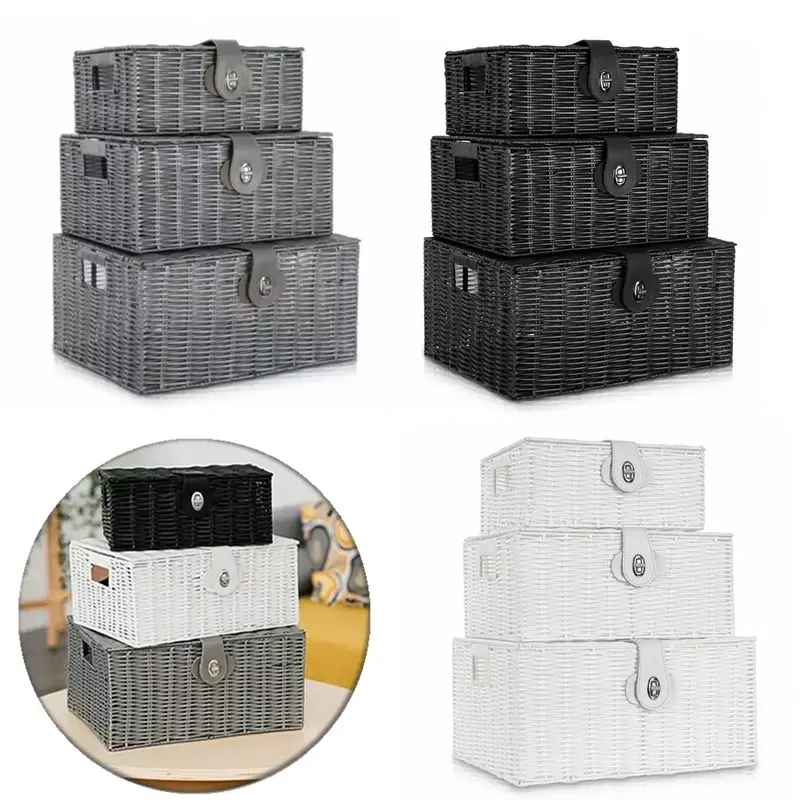 SET OF 3 RESIN WOVEN WICKER XMAS HAMPER BASKET STORAGE BOX WITH LID & LOCK GIFT 0