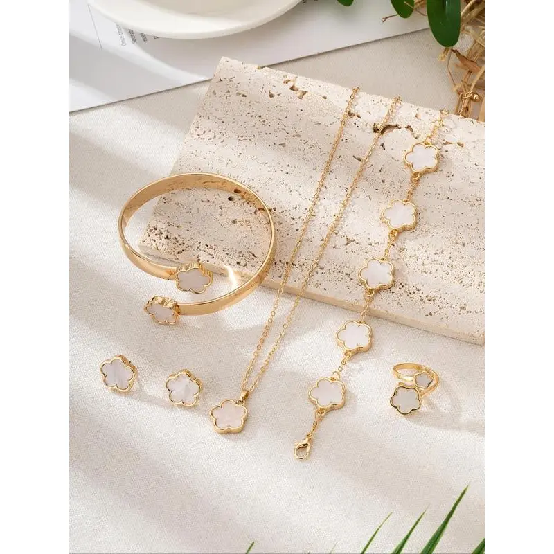 Lucky flower shaped jewelry set, 6 counts charm necklace & bracelet & Ring & stud earring 5