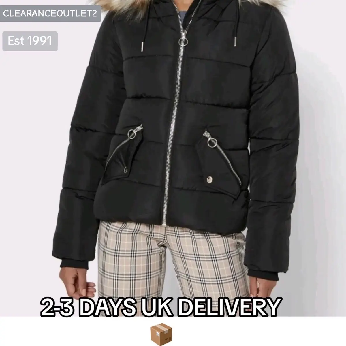 Ladies Black Faux Fur Trim Puffer Jacket