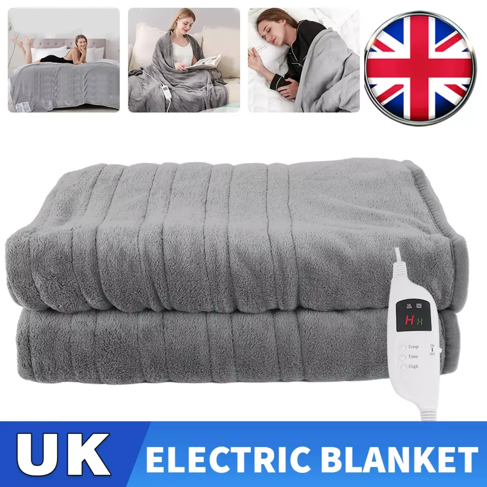 Luxurious Electric Heated Throw Soft Fleece Grey Over Blanket Digital Controller